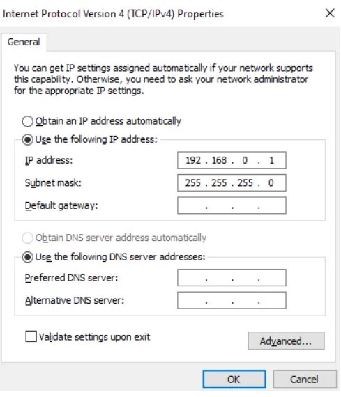 TCP/IPv4 properties window in Windows