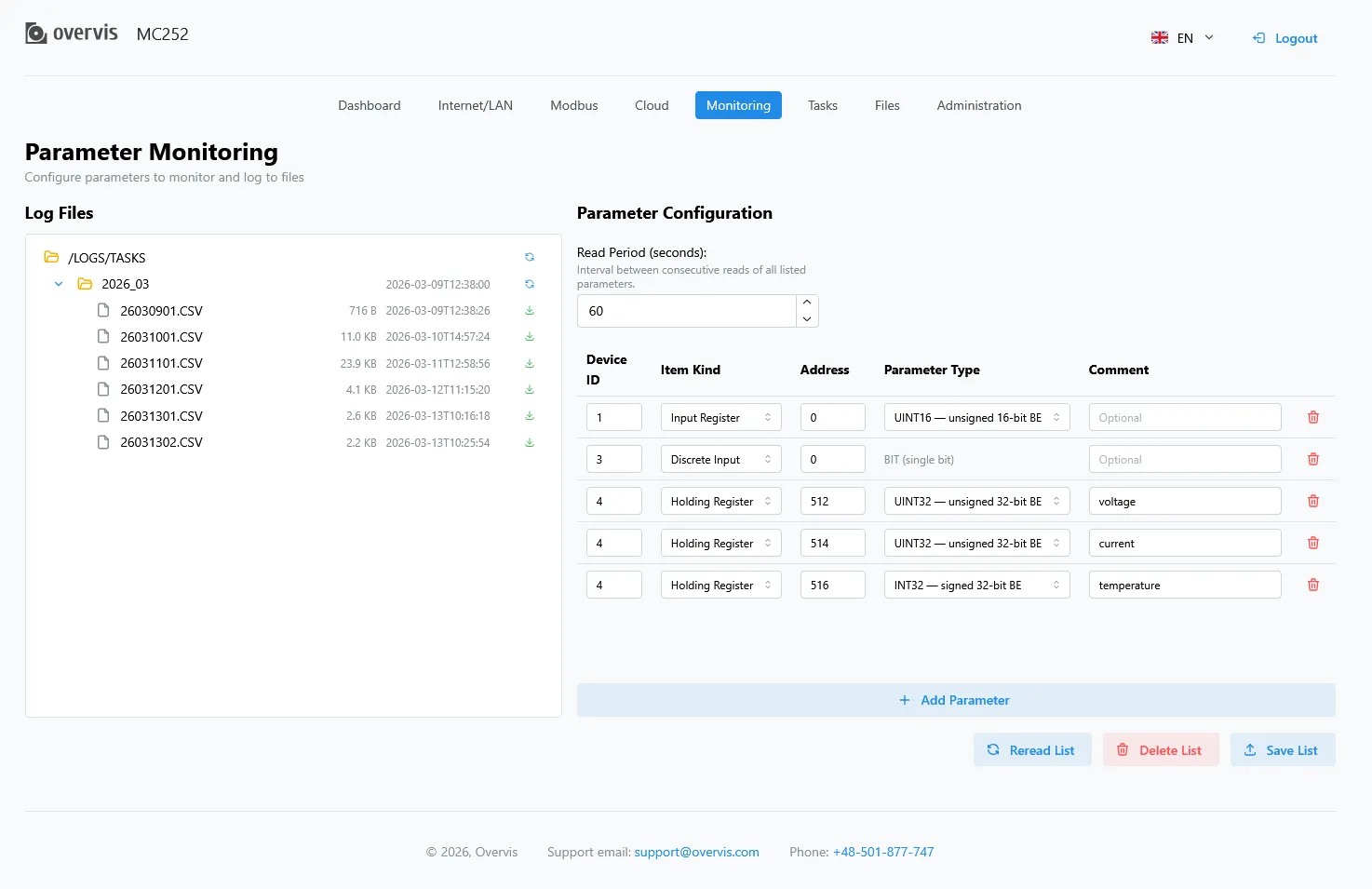 Monitoring setup page