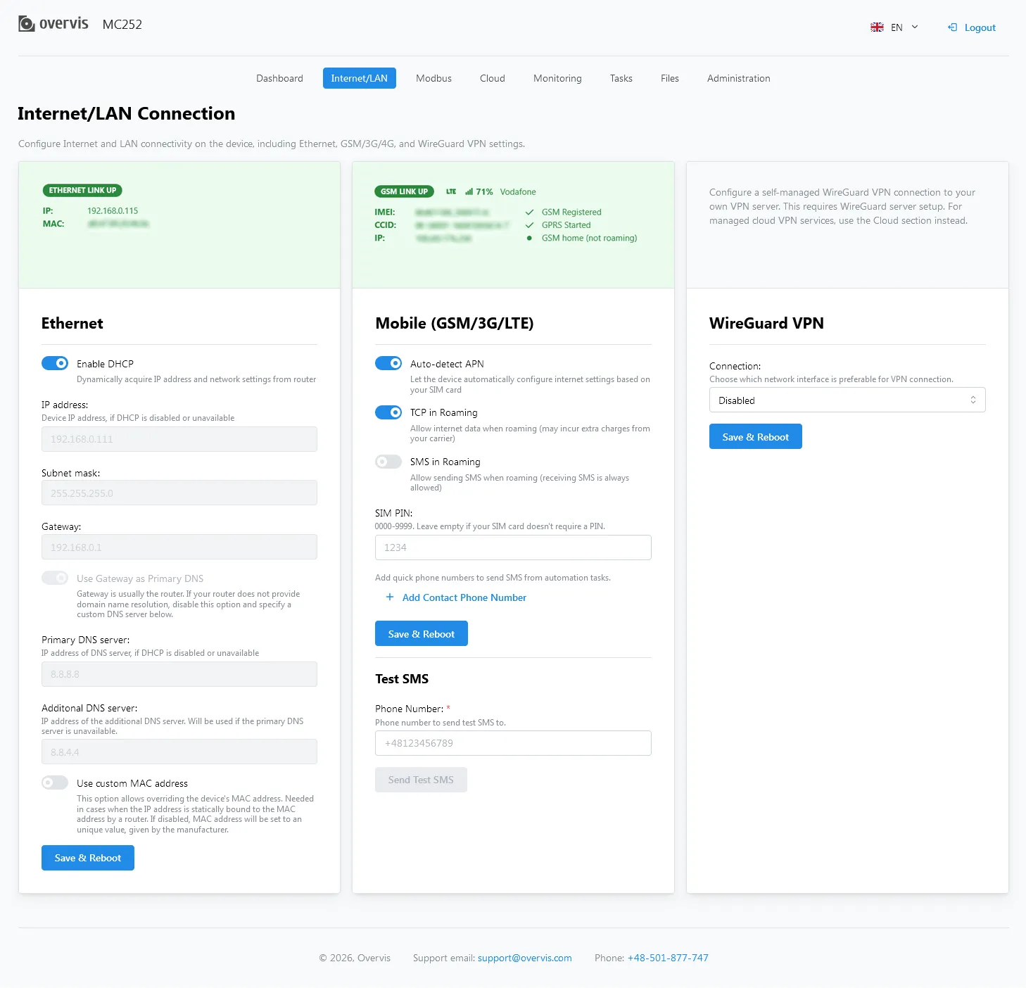 LAN/Internet configuration page