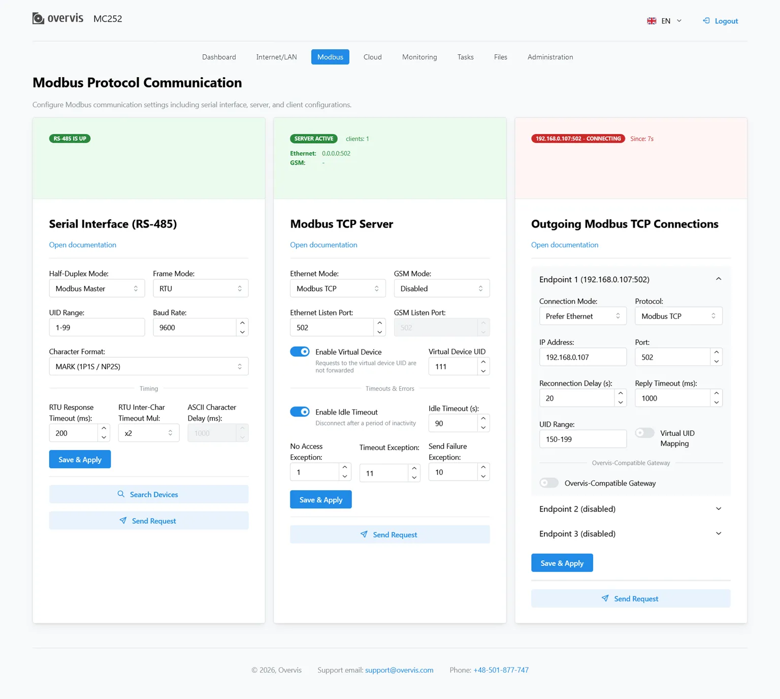Modbus configuration page