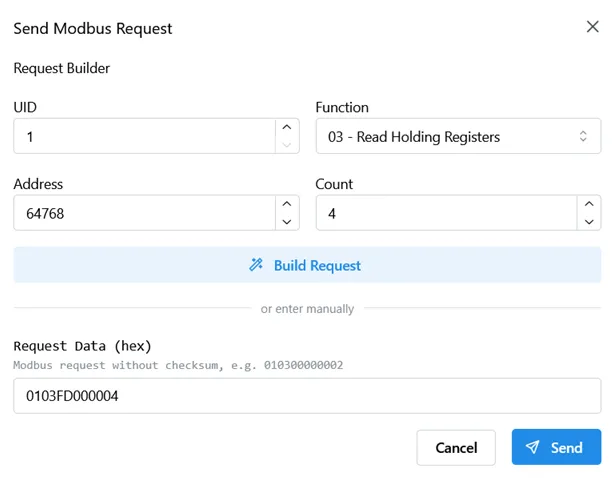 The Send Request tool options
