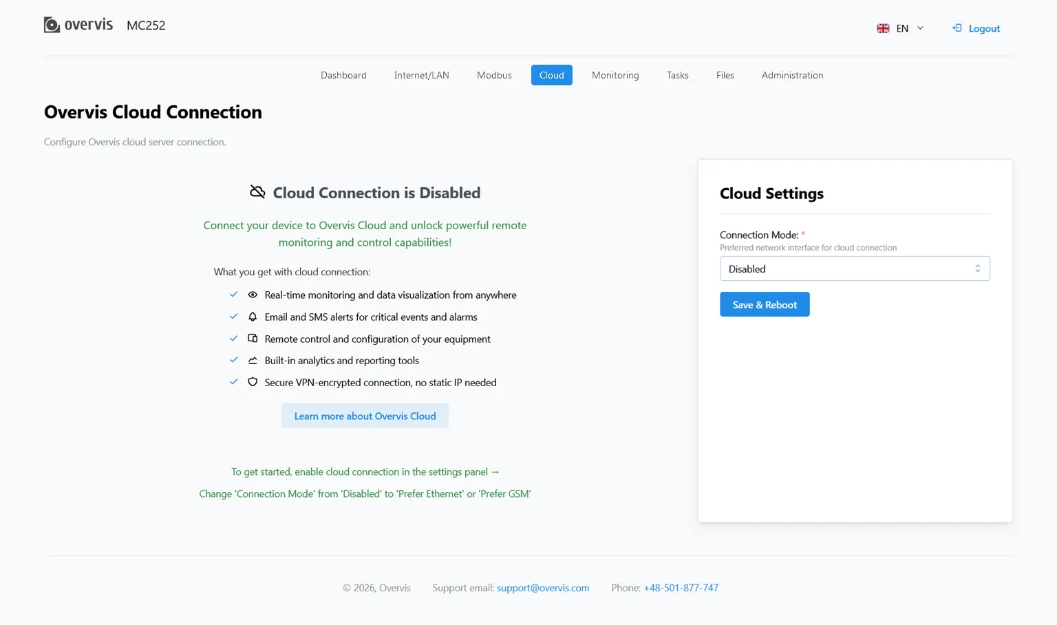 Cloud connection configuration page