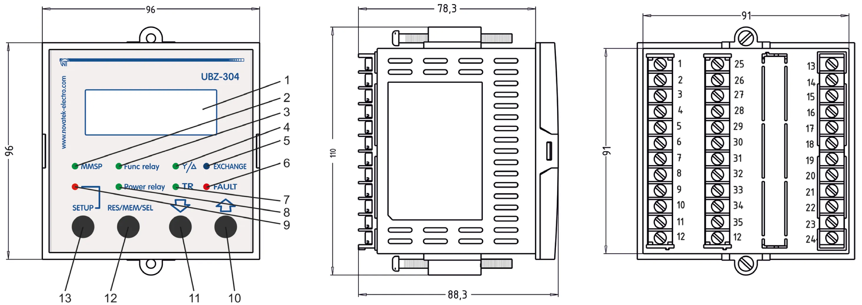 UBZ-304 Front Panel Dimensions