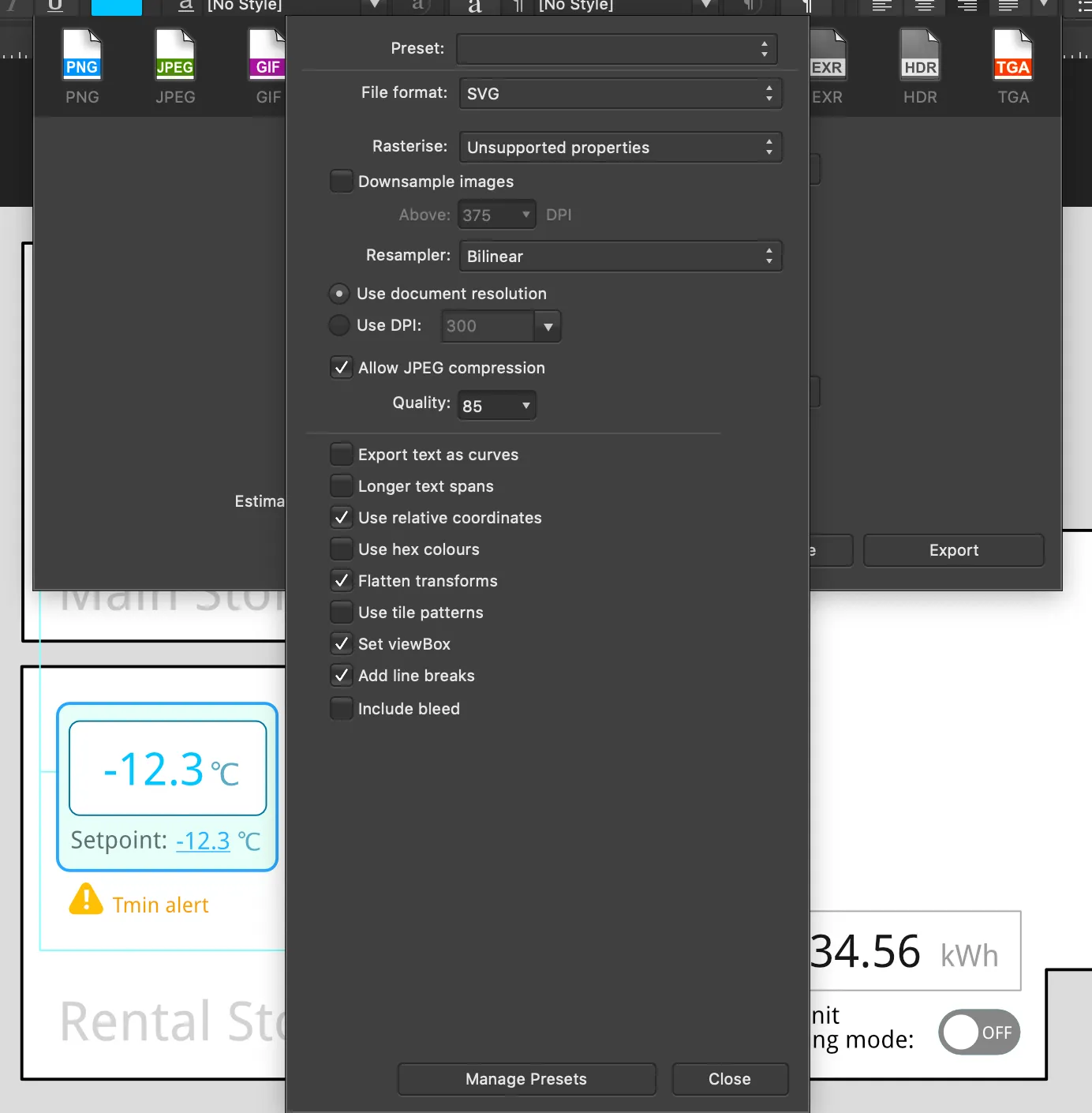 Export settings