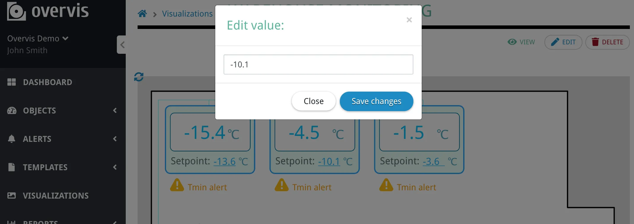 Fridge setpoint control with live value and pointer cursor