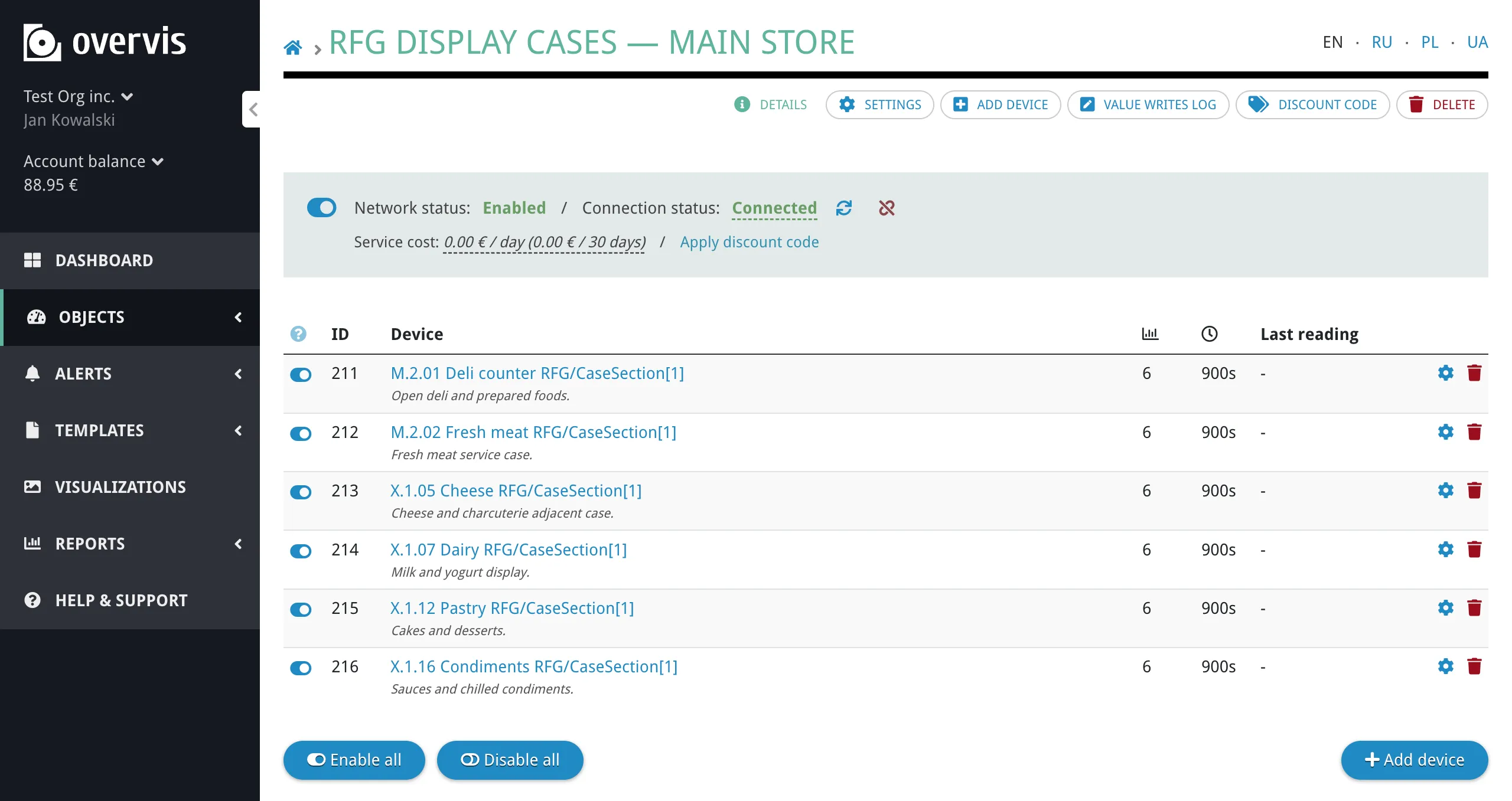 Network page with device list