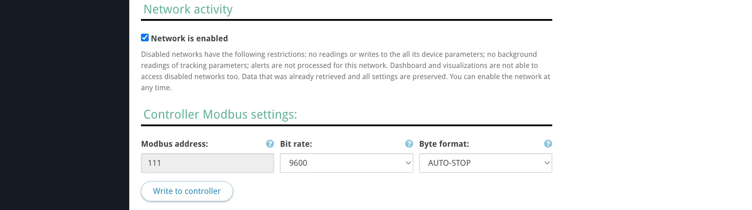 Network settings — RS-485 serial communication settings