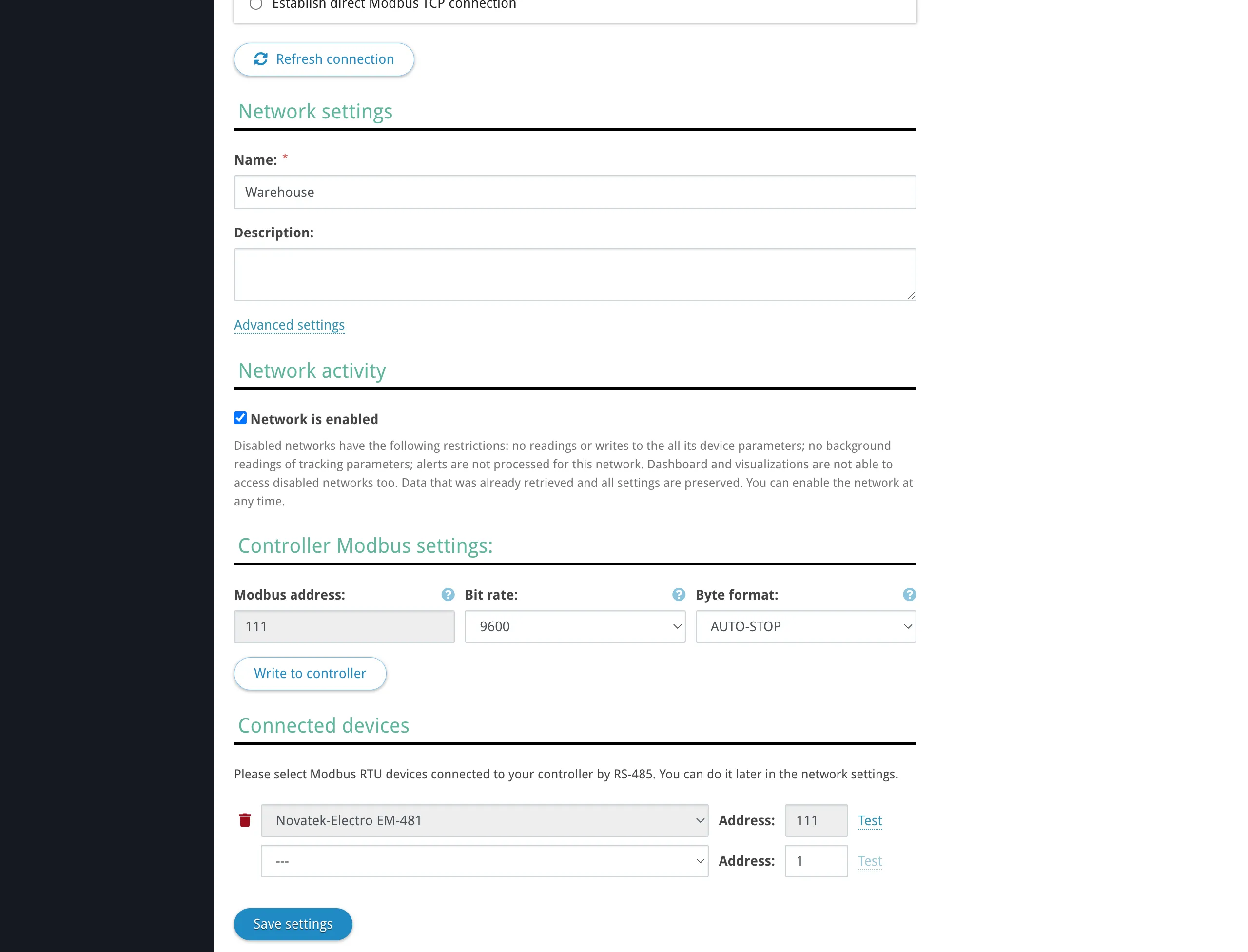 Network settings page