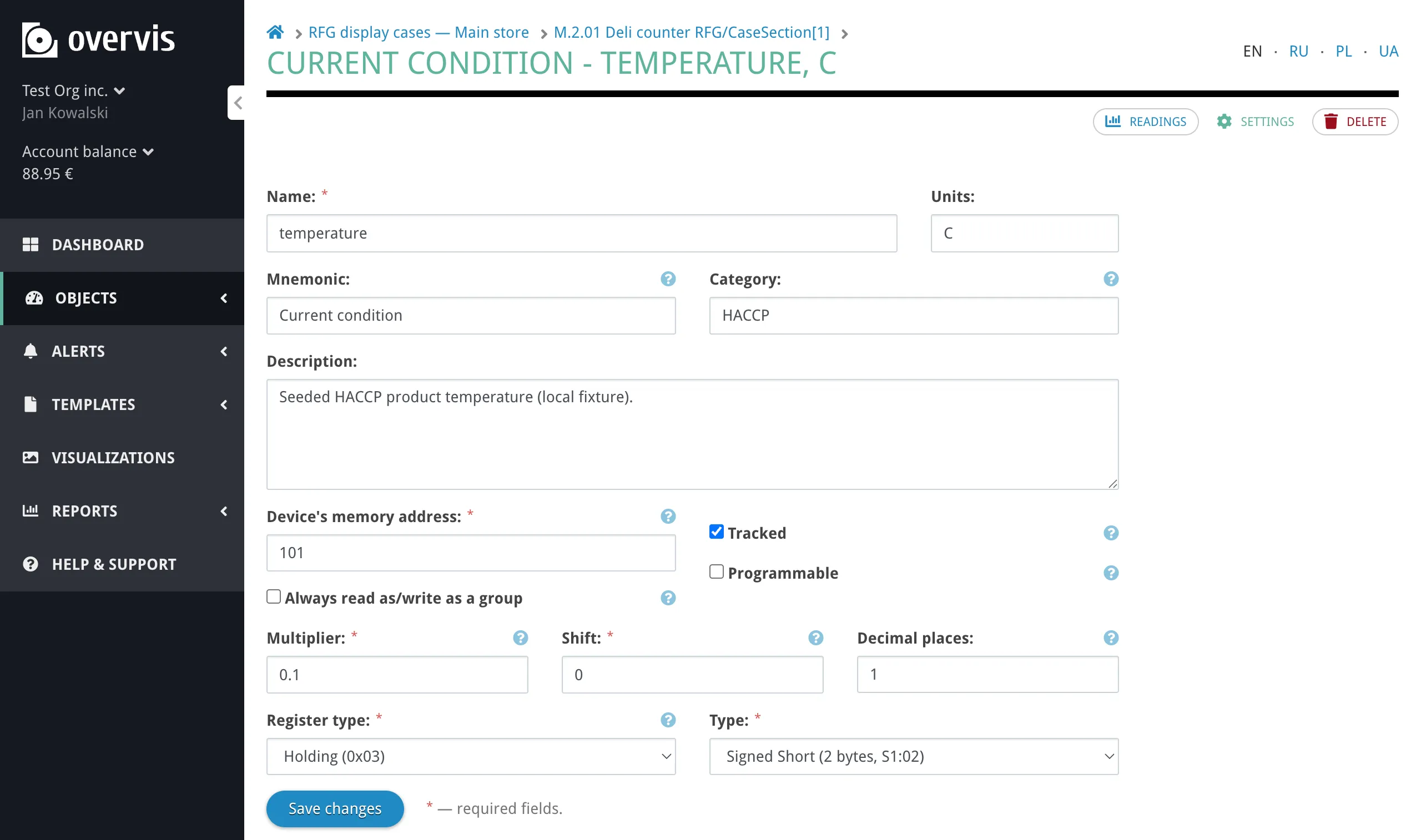 Parameter settings form