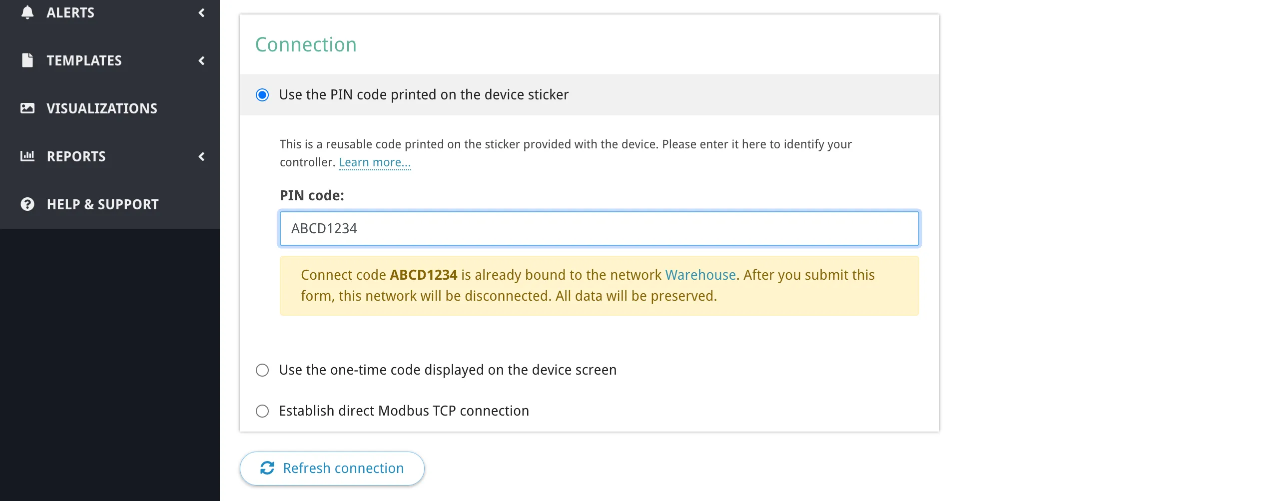 Warning that the PIN code is already bound to an existing network