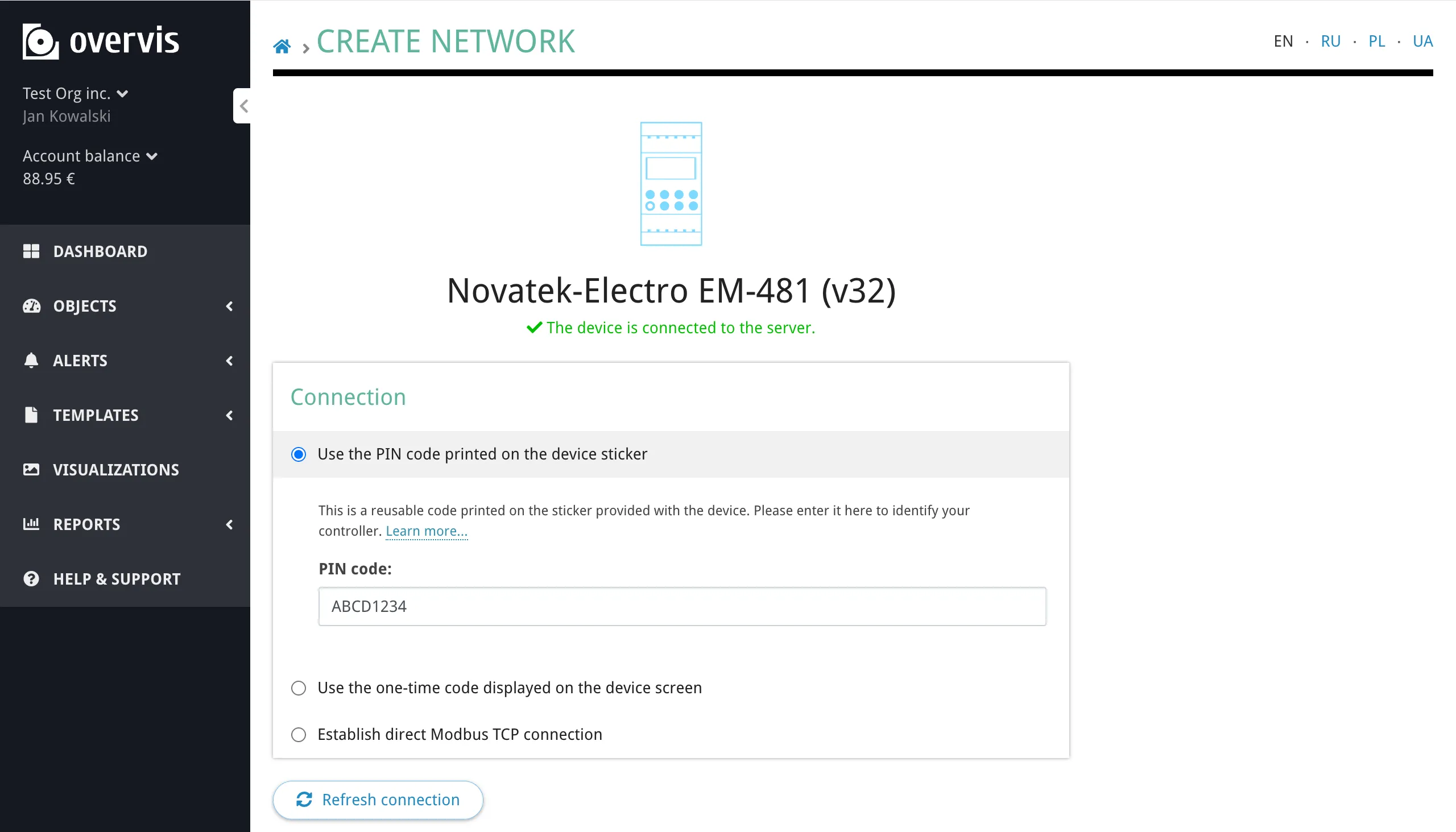 Successful PIN code connection check showing controller details