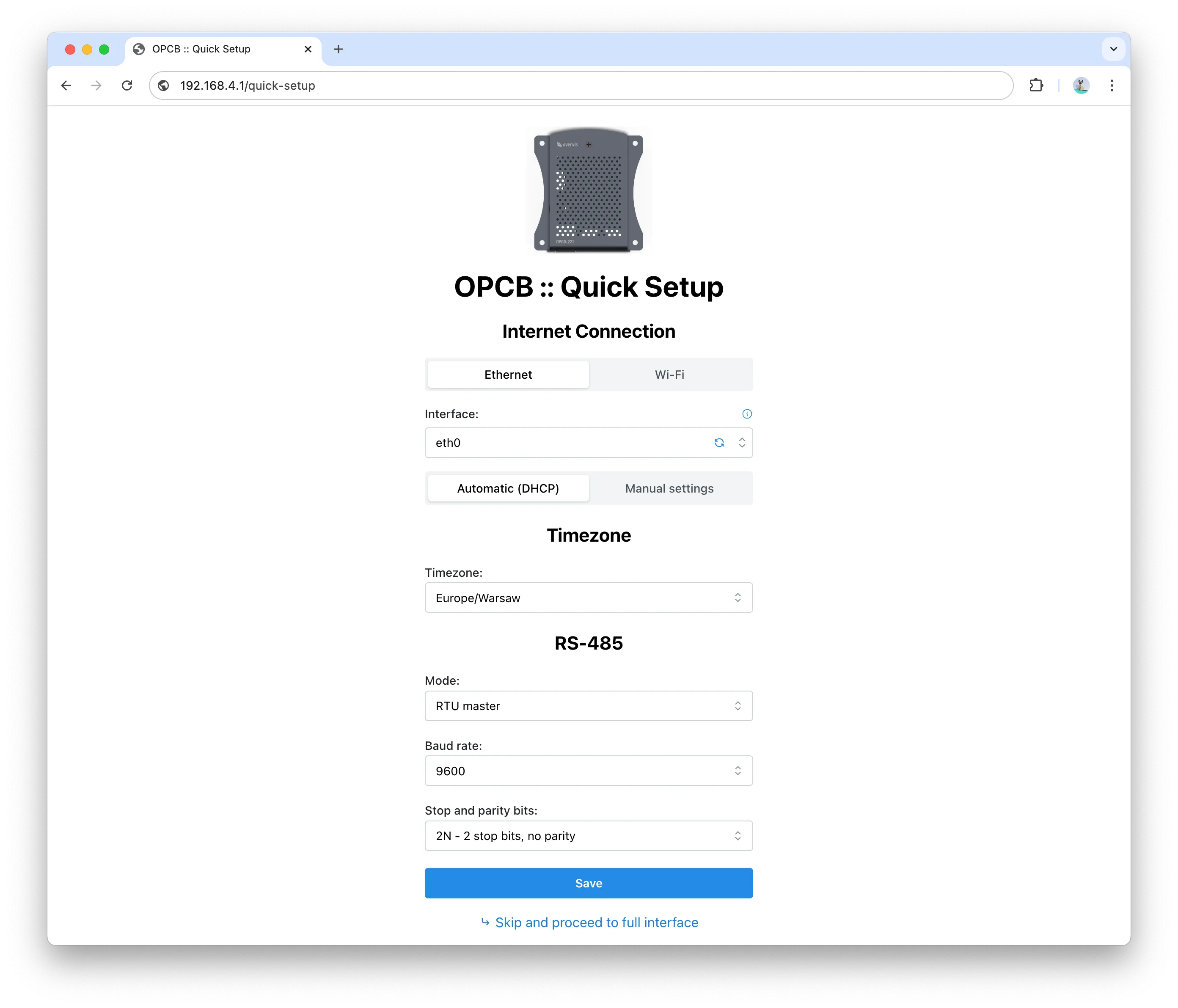 Quick setup page screenshot