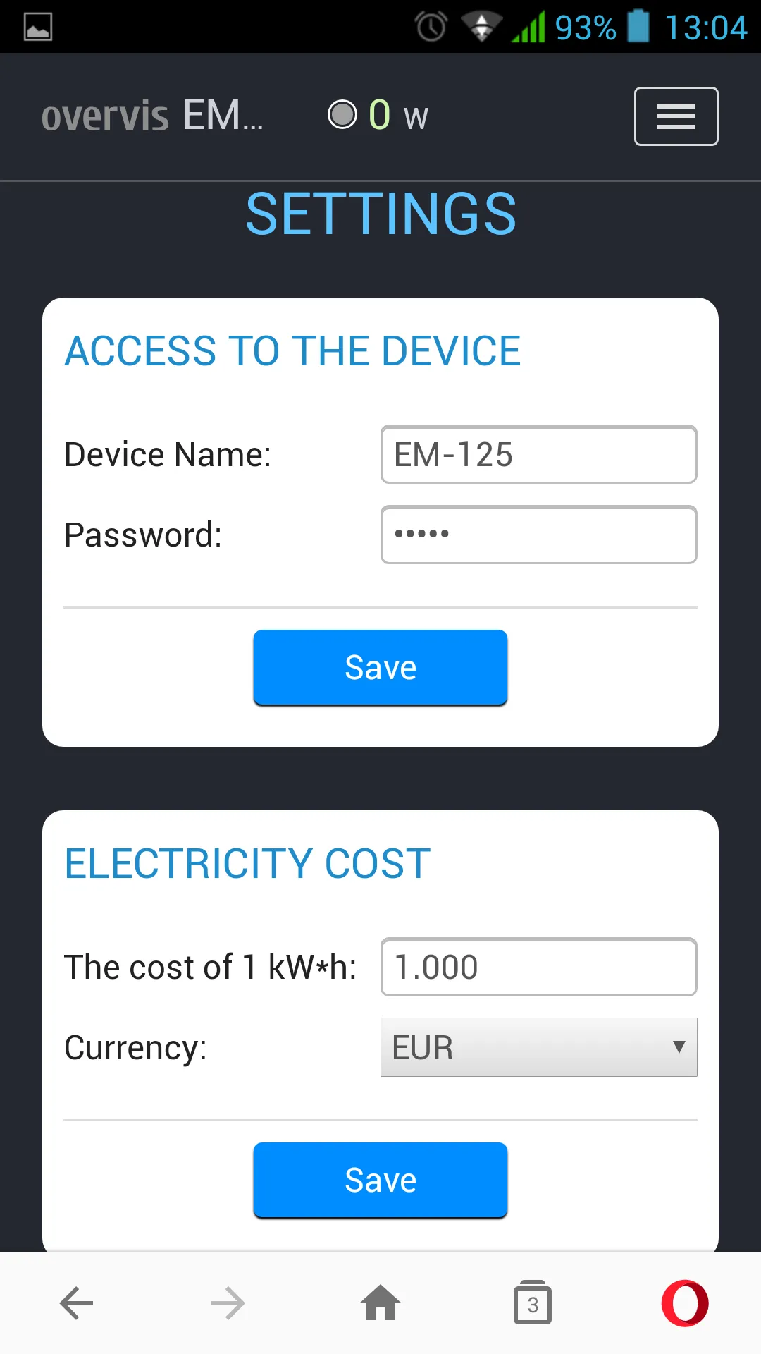 Settings screen