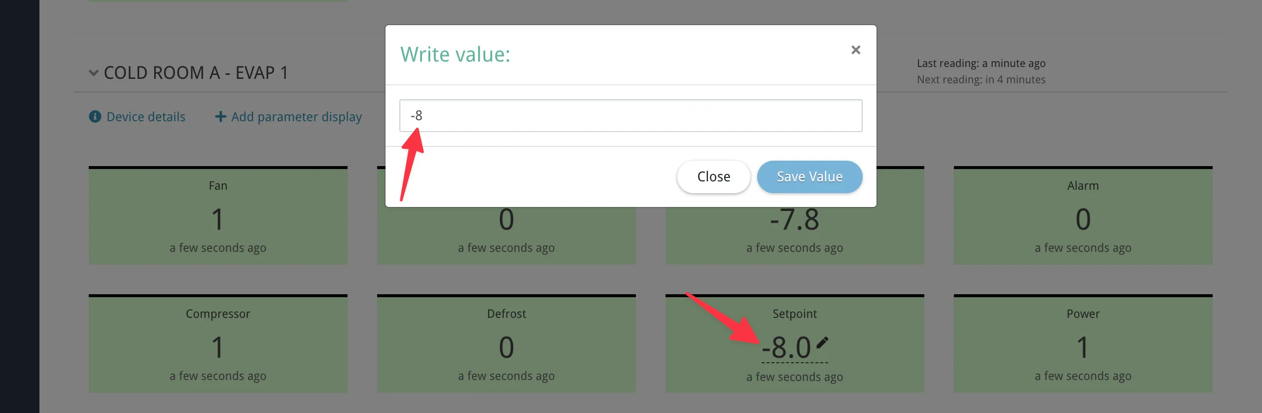 The write dialog for entering a new value for a programmable parameter